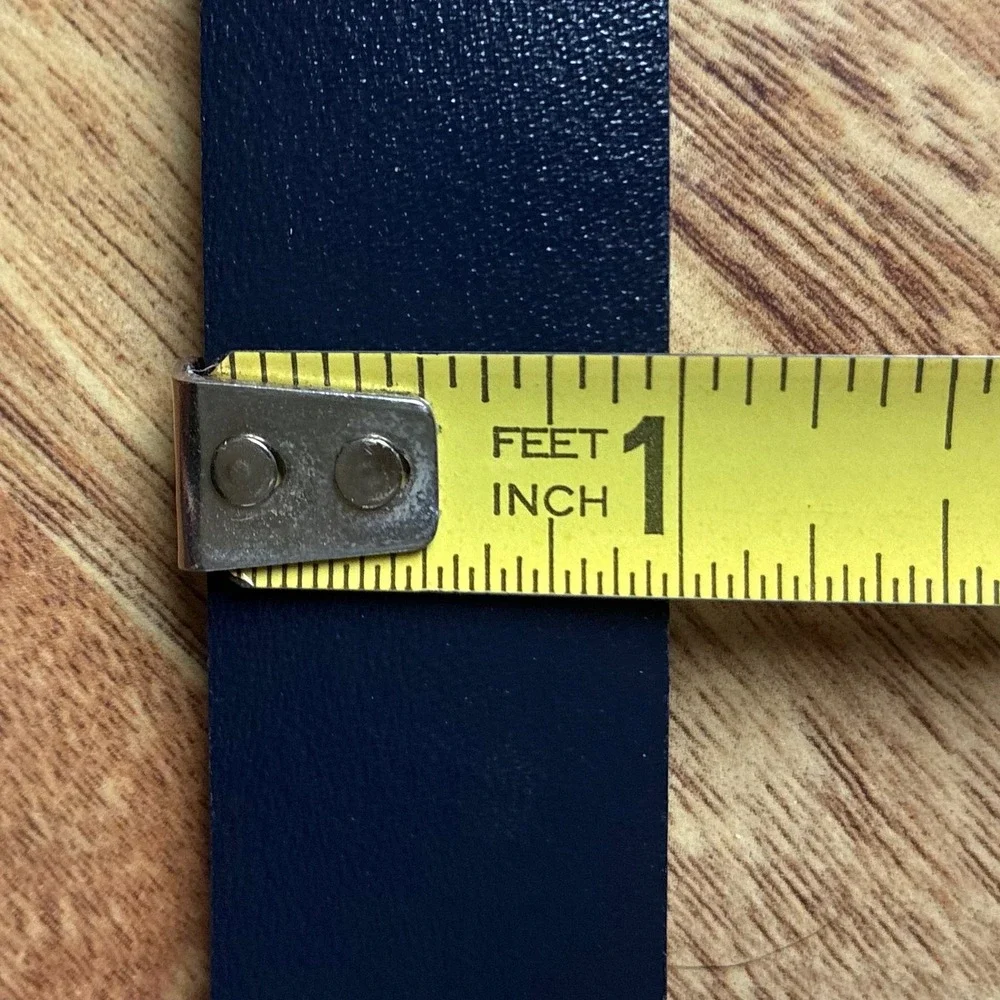 Vintage Navy Blue Leather Belt Gold Scalloped Buckle Medium Large Nautical